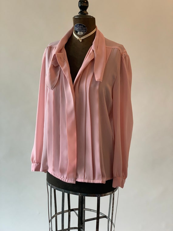 Vintage 1980s pink blouse with pintucks and bow - image 2