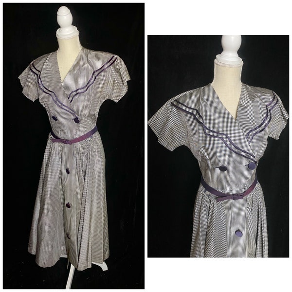 Vintage 1940’s 1950’s blue and white gingham satin Doris Dodson dress, size small medium
