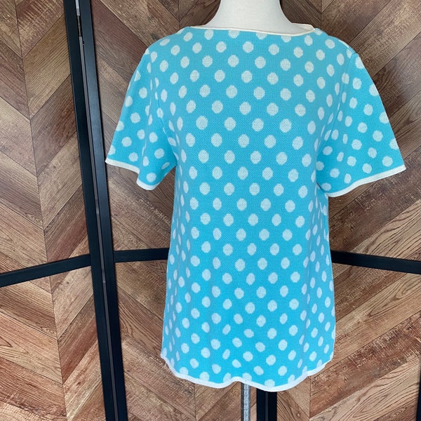 Vintage 1960’s teal blue and white polka dot short sleeve knit blouse, size medium