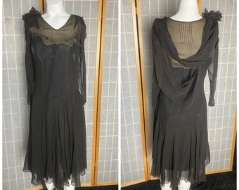 Vintage antique 1920’s sheer black silk flapper dress, size xs