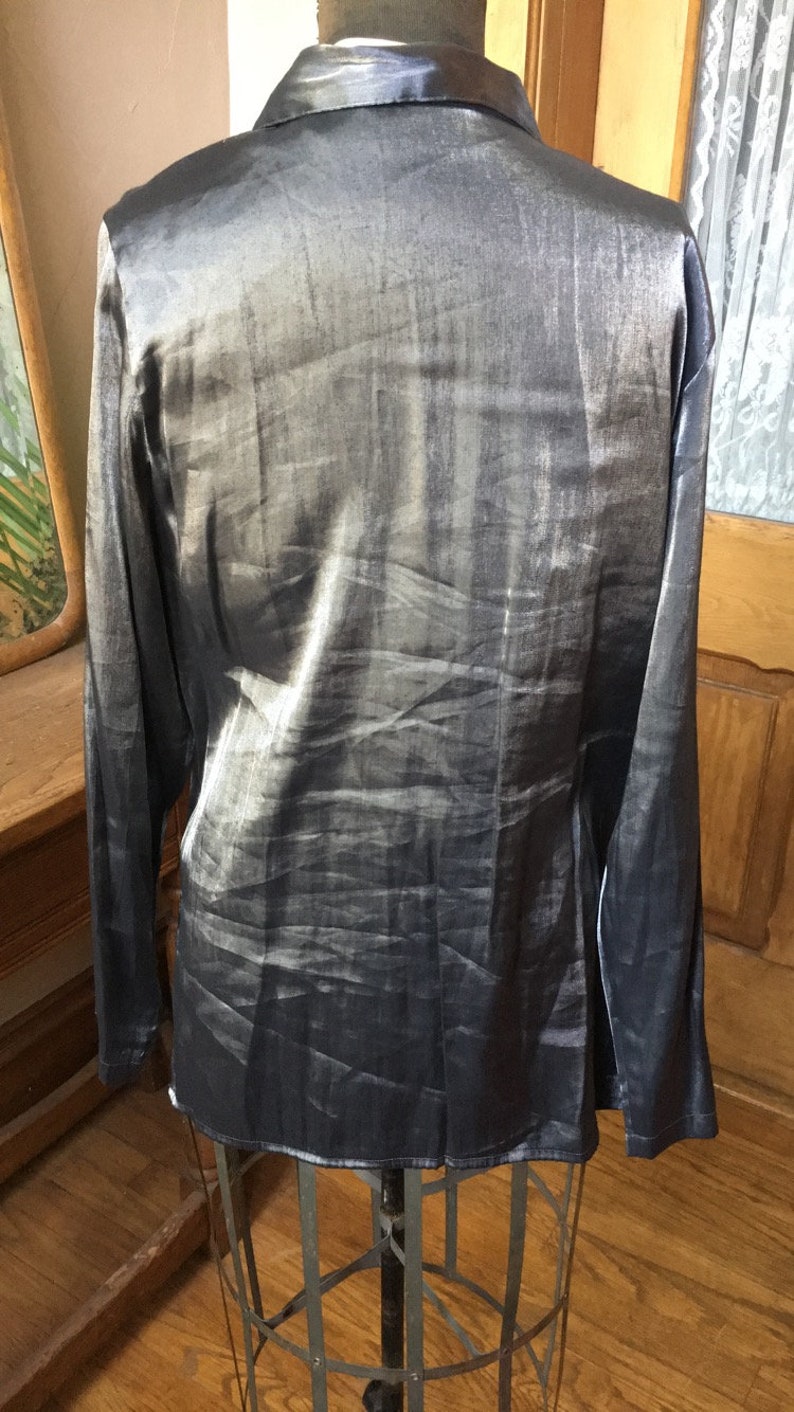 Silver Shiny Long Sleeve Blouse Vintage 1980/'s Black
