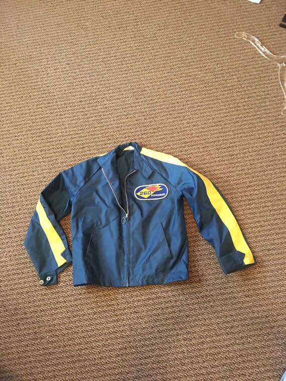 blue jacket with yellow stripes