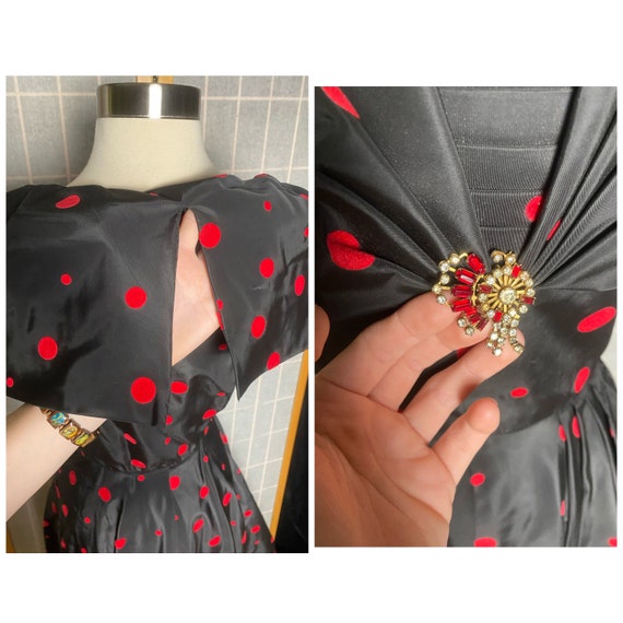 Vintage 1950’s black taffeta party dress with red… - image 6