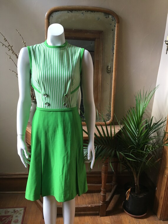 Vintage 1960's Green and White Striped Dress, siz… - image 2