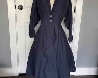 Vintage 1950’s dark blue fit and flare, princess fit swing coat, size small