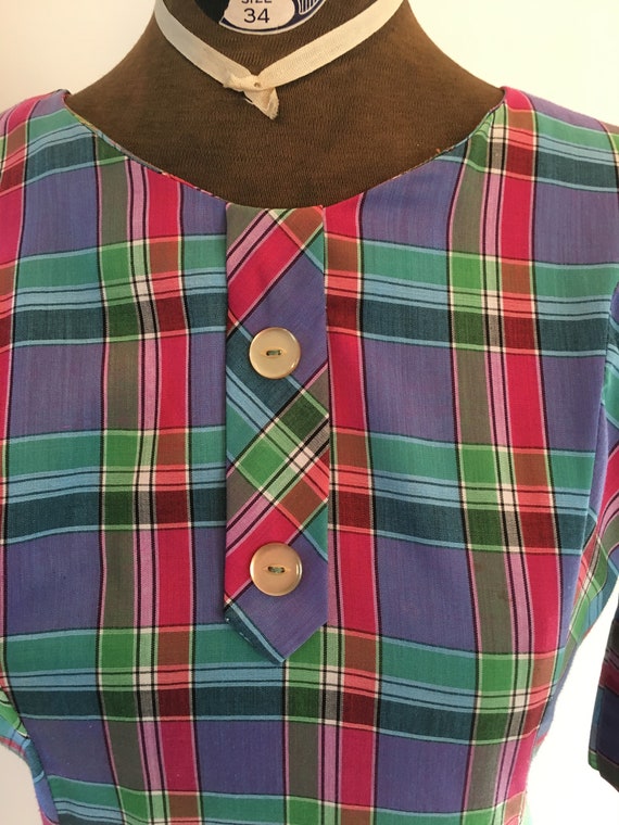 Vintage 1960's Purple and Green Plaid Cotton Dres… - image 2