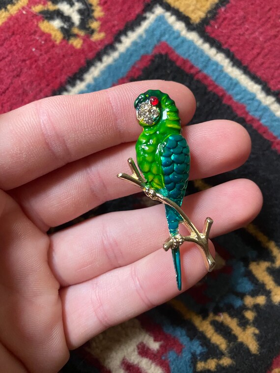 Vintage 1950’s blue and green parrot brooch with … - image 2