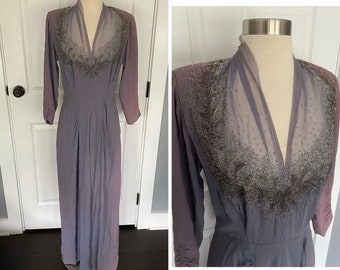 Vintage 1940’s muted purple crepe gown with silver beading, size medium