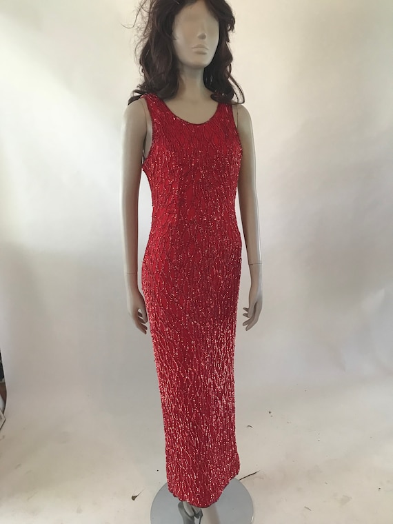 Vintage 1980s Full length red silk sequin dress