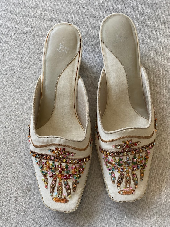 Vintage 1990's Cream White Rainbow Beaded Mules, … - image 2