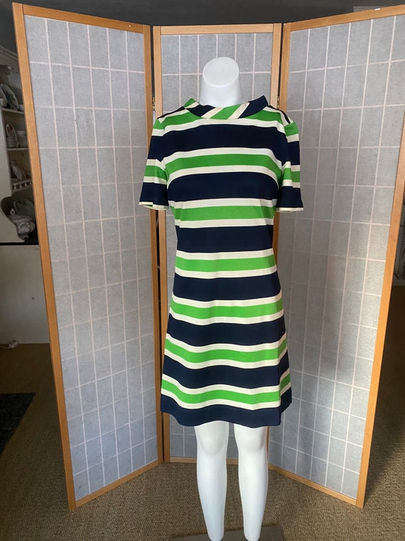 Vintage 1960’s green and blue striped shirt dress… - image 1