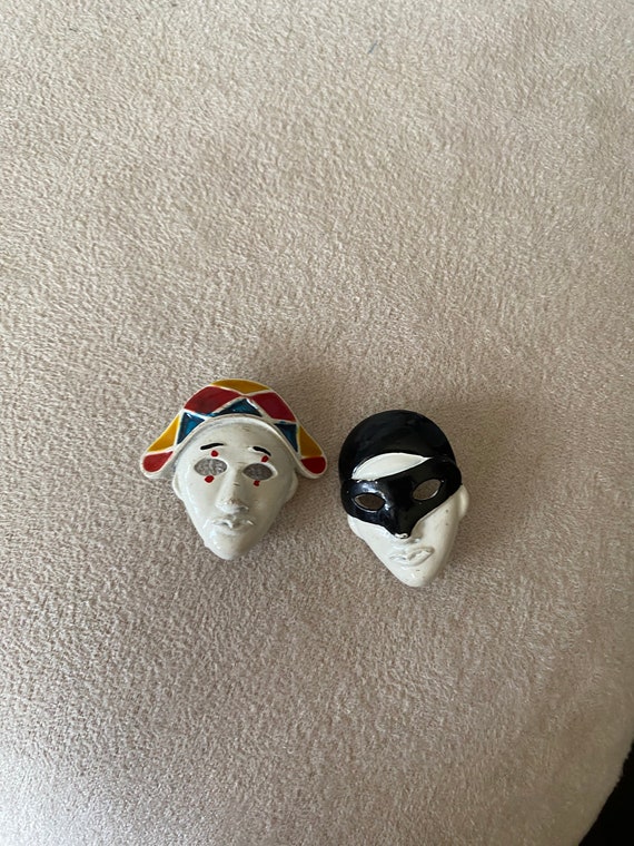 Pair of 1960’s vintage mask pins, brooches, clown