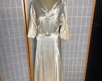 Vintage 1930’s white liquid satin Art Deco wedding dress with belt, size medium