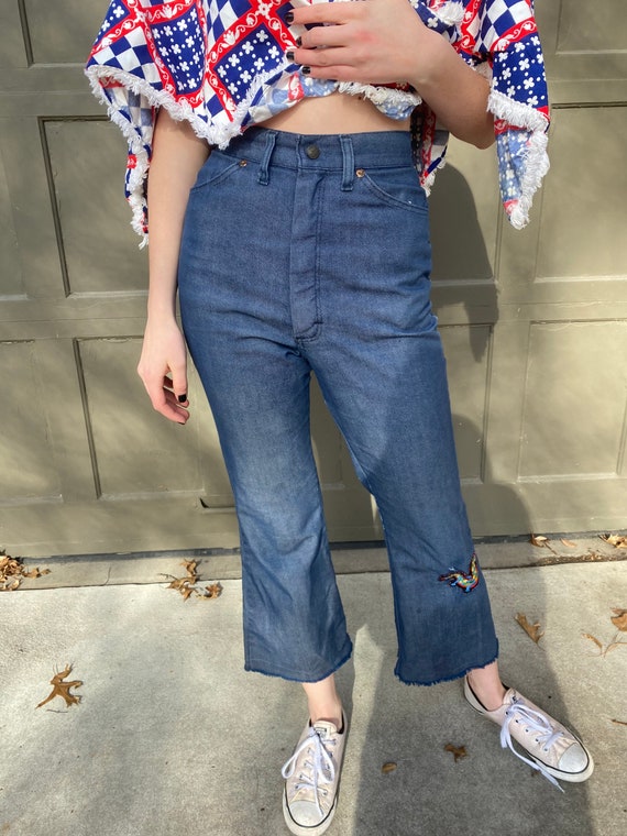 Vintage 1970’s blue denim boot cut jeans with drag
