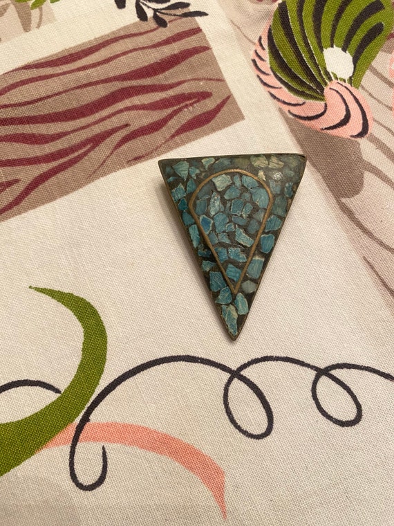 Vintage antique brass and blue stone triangle broo