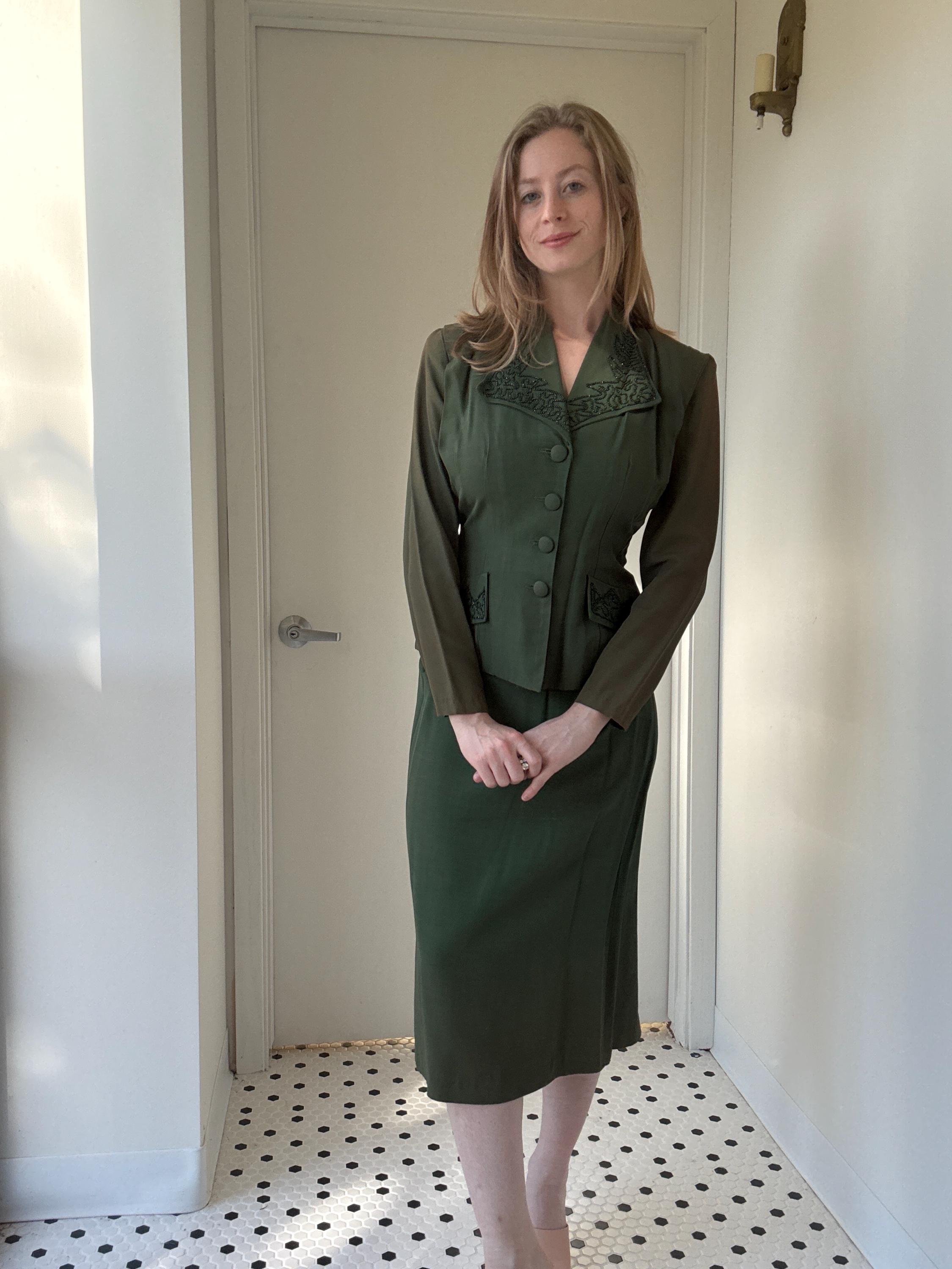 Vintage 1940's Forest Green Fitted Blazer and Matching Skirt Suit