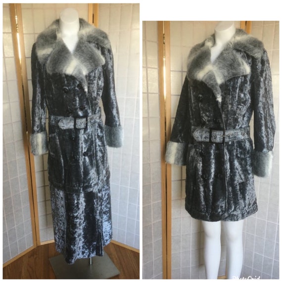 Vintage 70s Gray Crushed Velvet Faux Fur Trim Coat M