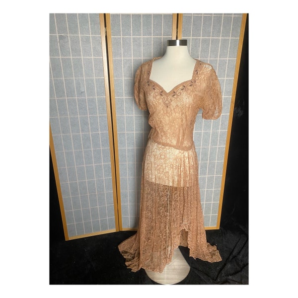 Vintage 1940’s light brown lace short sleeve dress with beading, size large