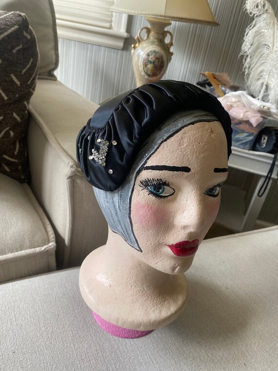 Vintage 1940's Black Rouched Satin Fascinator Form