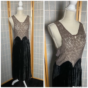 Vintage antique 1920’s 1930’s brown gray lace and black velvet dress, size small