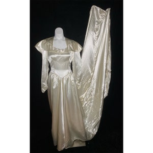 Vintage 1940’s cream shiny satin wedding dress with long round train and beaded crown headband with veil, size small
