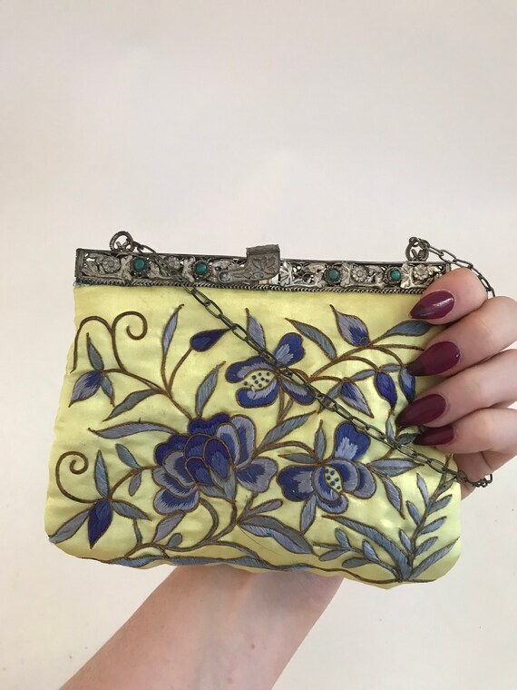 Vintage yellow and blue embroidered satin bag met… - image 4