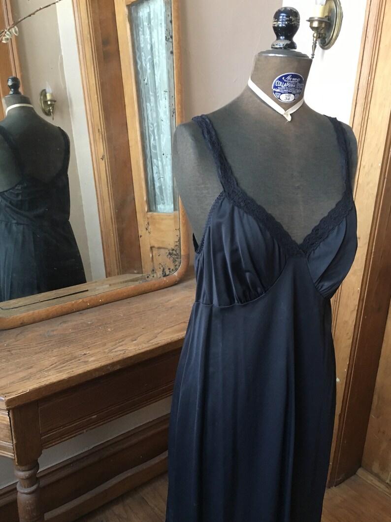 large Size medium Vintage Black Nylon Long Slip Dress