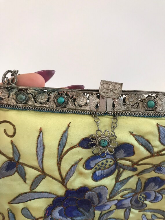 Vintage yellow and blue embroidered satin bag met… - image 3