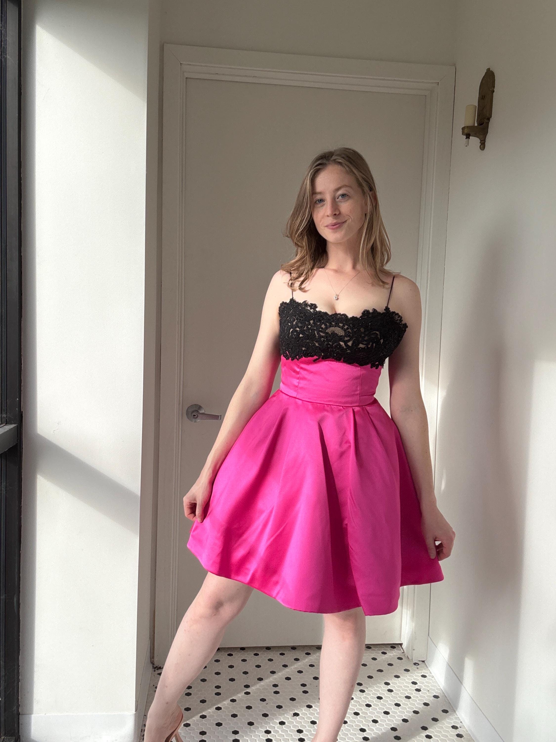 black and hot pink party dresses Black Pink Retro Short Sweetheart Party Cocktail Evening Formal Dress jojos