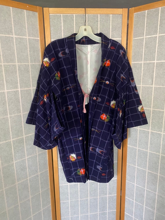 Vintage Navy Blue and Colorful Kimono Style Jacket