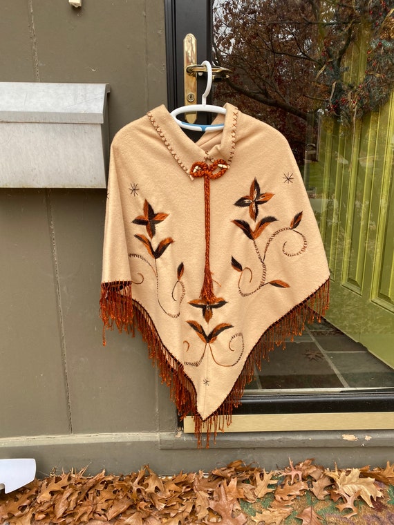 Vintage 1970's Tan Wool and Orange Poncho, open s… - image 6