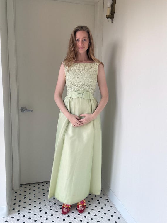 vintage light green dress 1960’s sage lace maxi with bow and beads, size small norestock