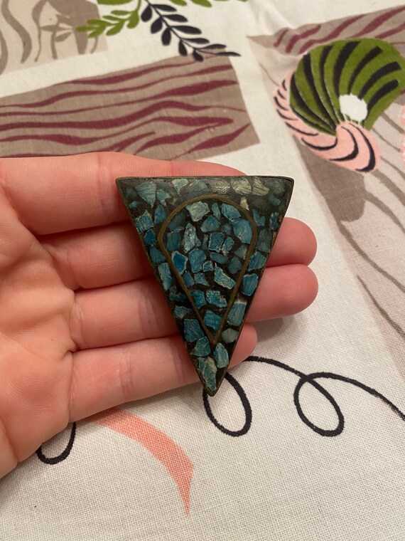 Vintage Antique Brass and Blue Stone Triangle Brooch - Etsy display picture 2