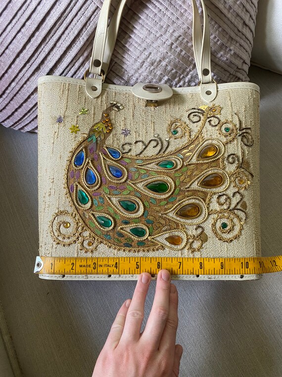 Vintage 1960's Jeweled Peacock Wood Bottom Purse - image 6