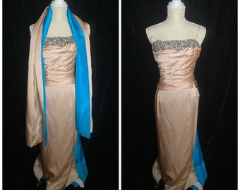 Vintage 1950’s Emma Domb liquid pink and blue satin formal dress with matching pashmina, size small