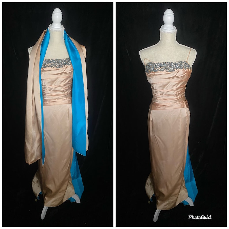 Vintage 1950s Emma Domb liquid pink and blue satin formal dress with matching pashmina, size small image 1