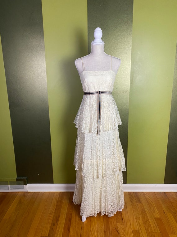 Vintage 50s White Tiered Lace Dress Cummerbund Waist Cross Straps S Small SM