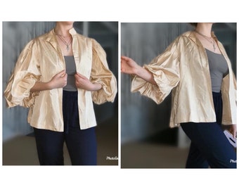 Vintage 1930's 1940's Cream Satin Blouse With Big Bishop Sleeves, Size Medium