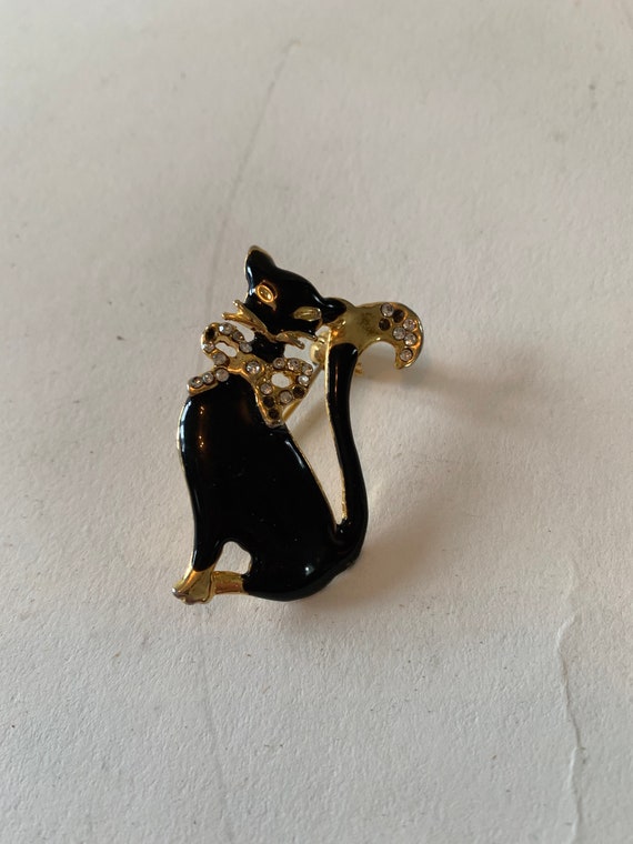 Vintage 1960's Gold Black Rhinestone Kitty Cat Pi… - image 2