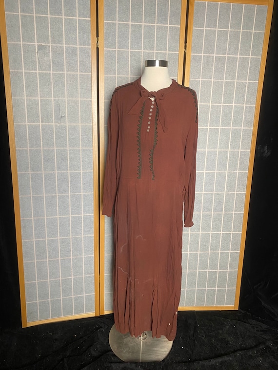 Vintage Antique 1920's Brown Drop Waist Flapper Dress, Size Medium