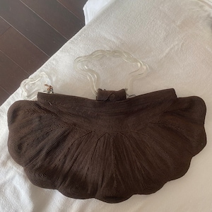 Bolso de mano vintage de cordón marrón de los años 40 de Luxor con asa de lucita transparente y cremallera