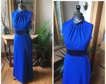 Vintage 1960's Royal Blue Sequin Maxi Dress, size medium