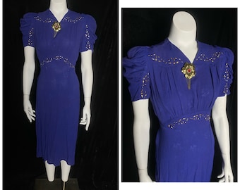 Vintage 1940’s royal blue purple dress with gold studs, size medium