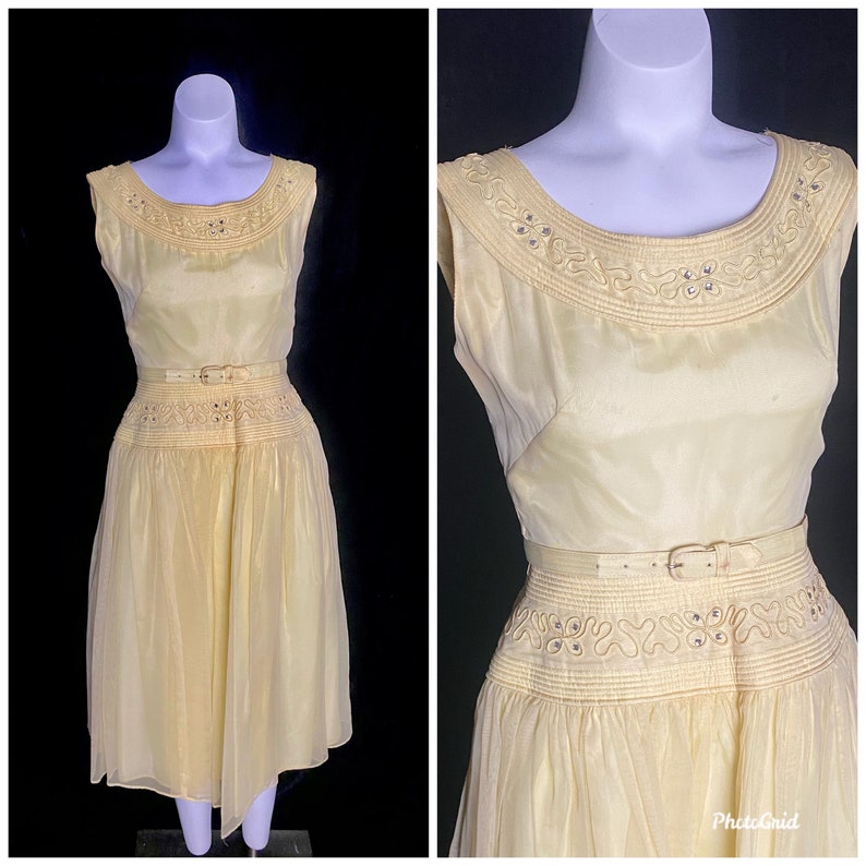 Vintage 1950's Butter Yellow Chiffon and Whinestone Dress, Size XS image 1