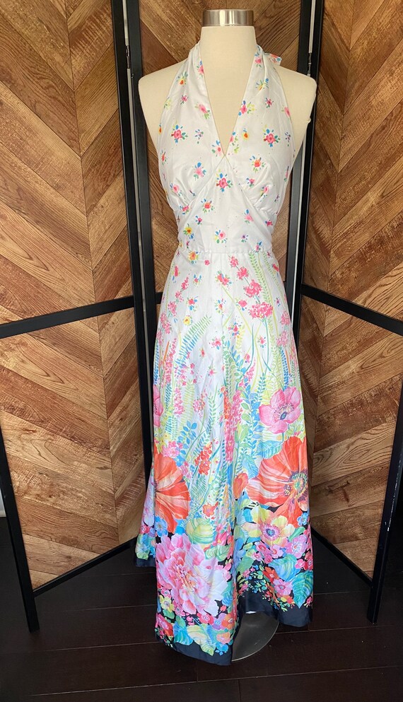 vintage floral halter dress 1970's Black, White and Colorful Top Maxi Dress, Size Medium dev-position-everything:number:97