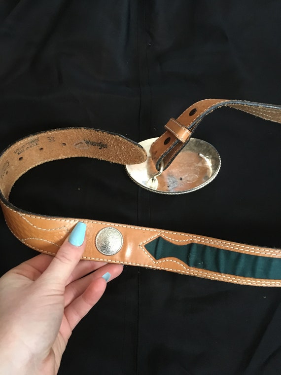 Vintage Wrangler Brown Leather Belt with Green De… - image 3