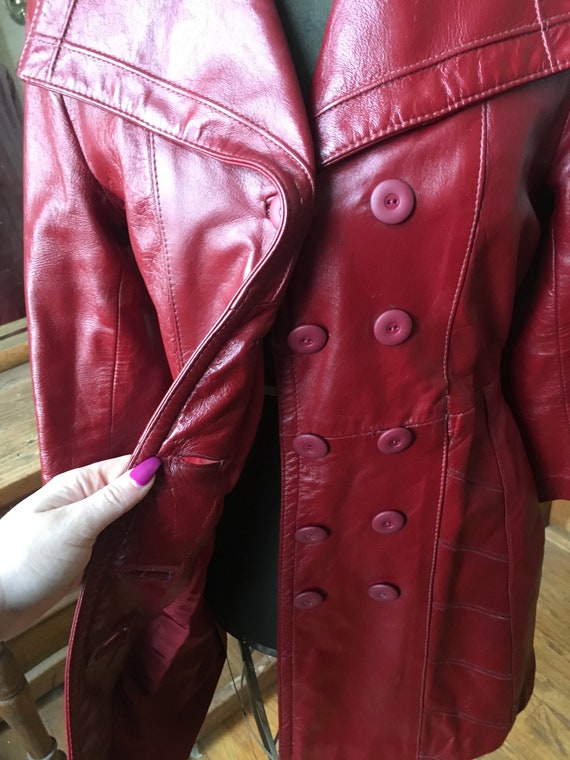 Vintage 1970's Red Leather Double breasted Trench… - image 3