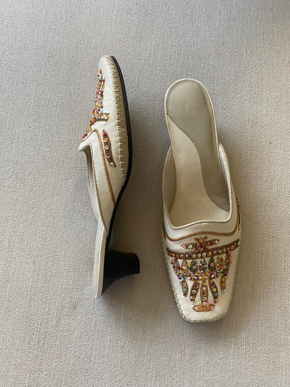 Vintage 1990's Cream White Rainbow Beaded Mules, S