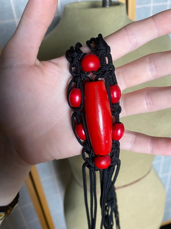 Vintage 1980’s black rope long necklace with red … - image 5