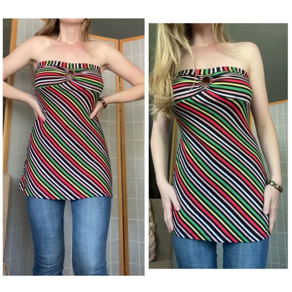 Vintage Y2K strapless tube top in colorful stripe… - image 1